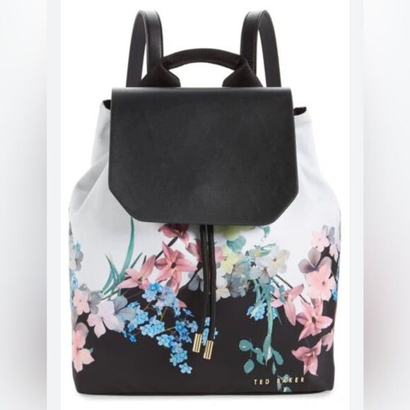 Ted Baker ALLIZZA Woven White Black Floral Faux Leather Drawstring Backpack - Picture 1 of 16